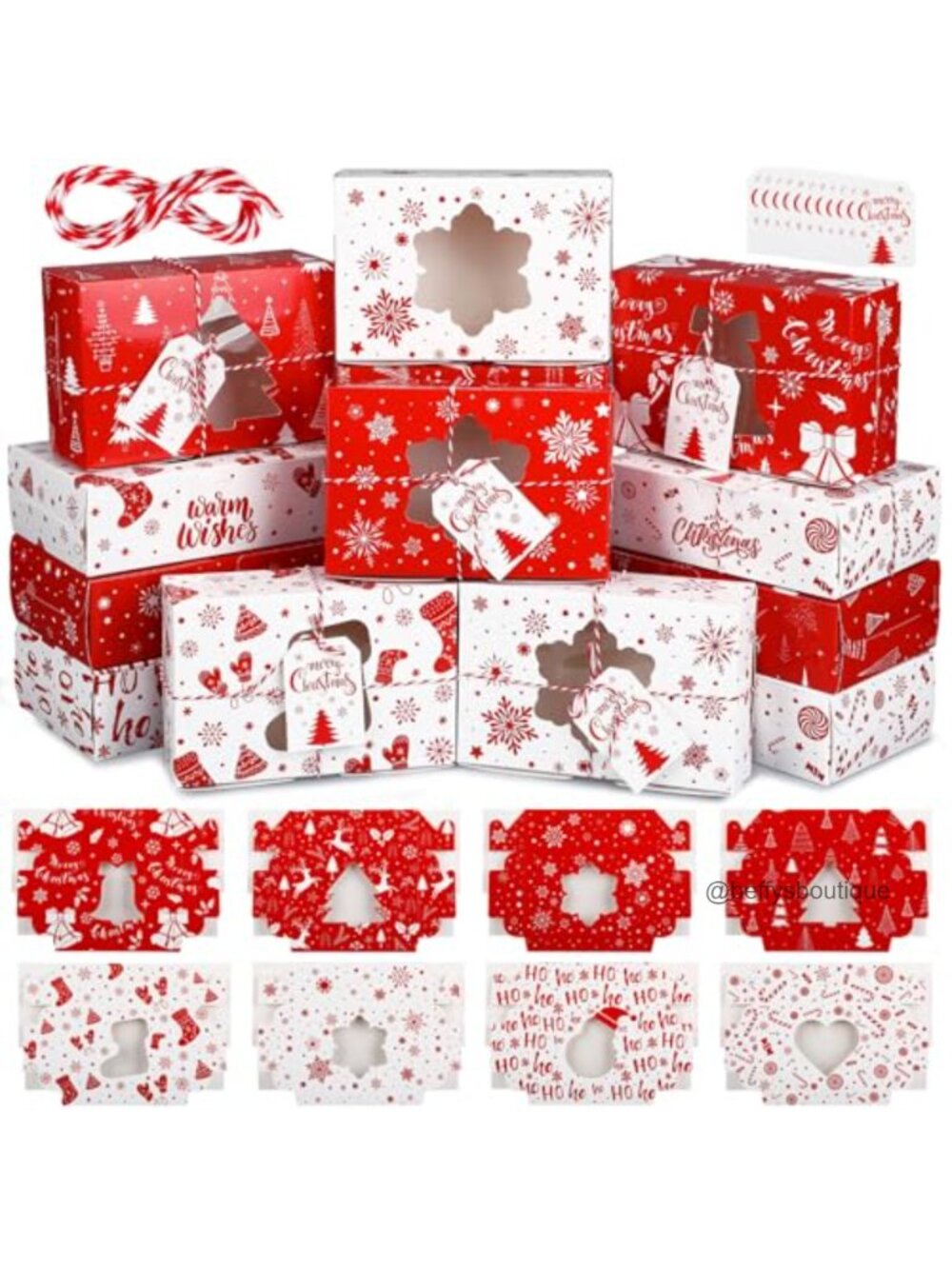 Christmas Cookie Treat Boxes with Window Gift Tags Ribbons Paper 64 Pc Set